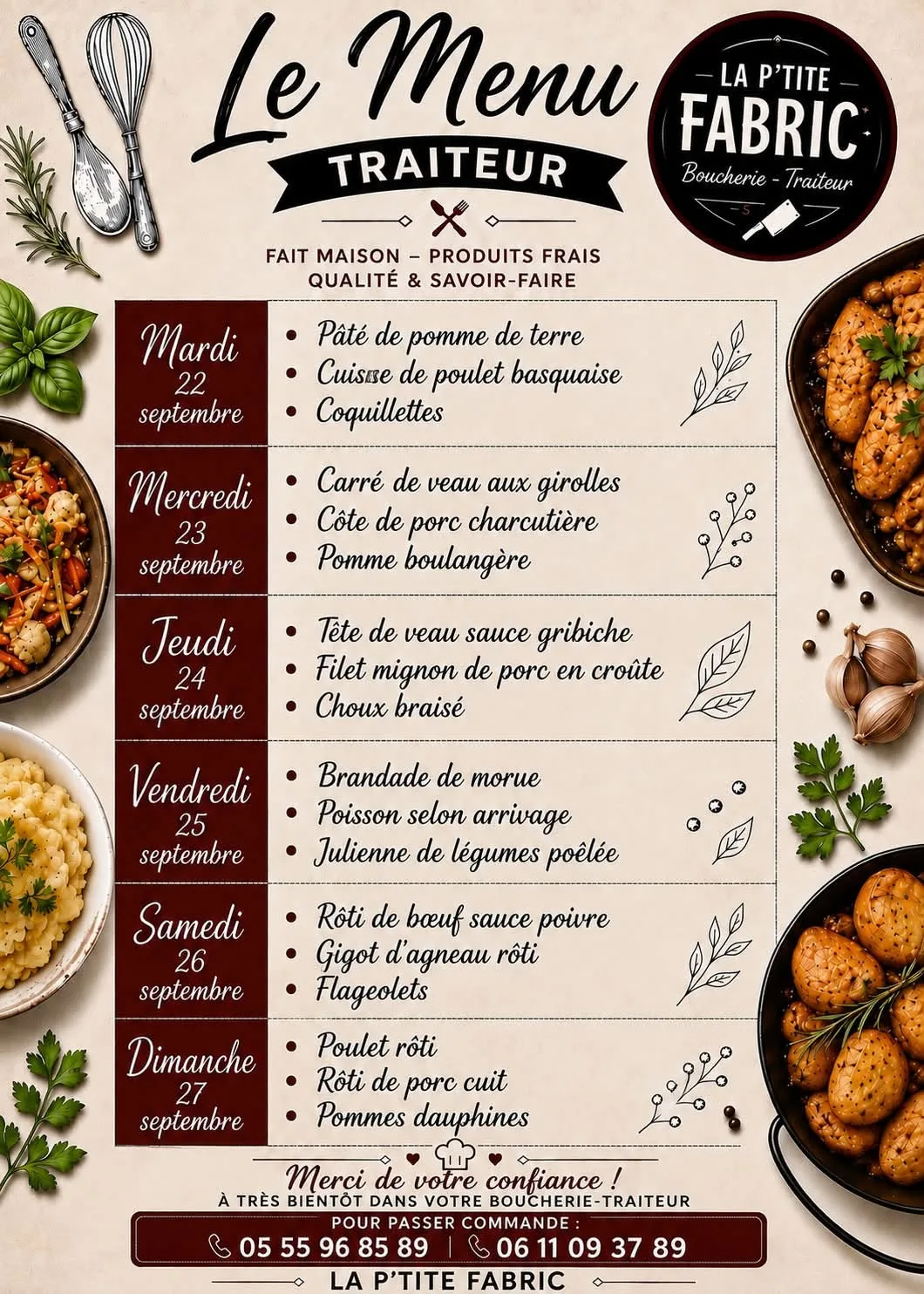 Menu du mardi 22 au dimanche 27 septembre