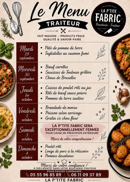 Menu du mardi 29 septembre au dimanche 4 octobre
