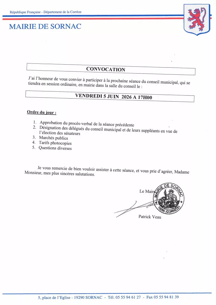 Convocation du CONSEIL MUNICIPAL du 05062026 à 17h