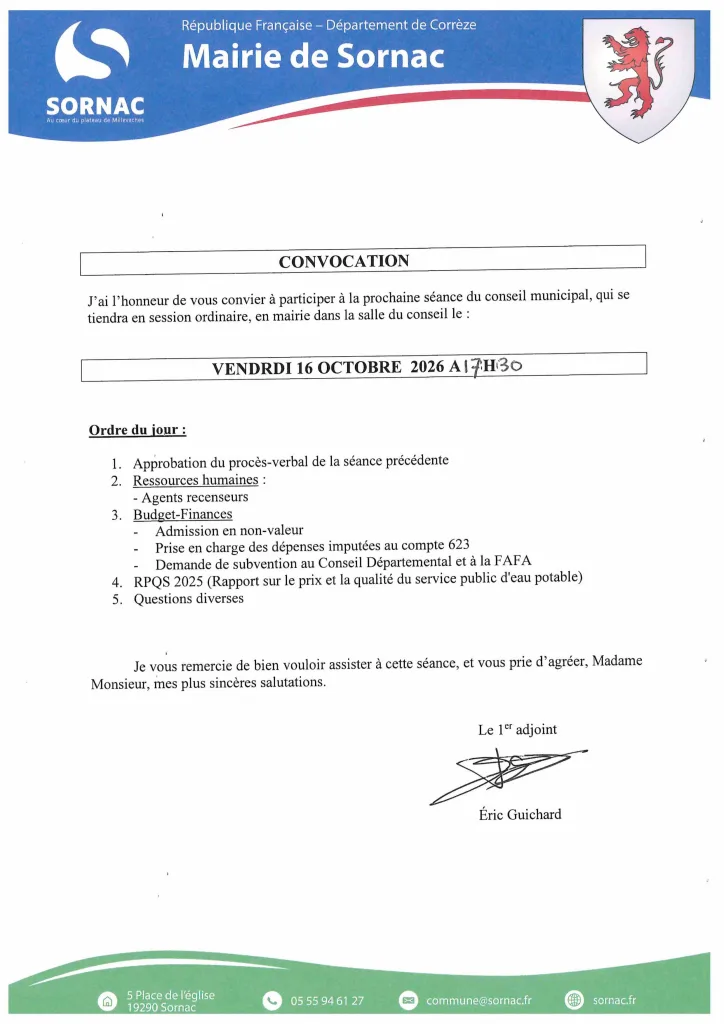 Convocation du CONSEIL MUNICIPAL du 16/10/2026 à 17h30